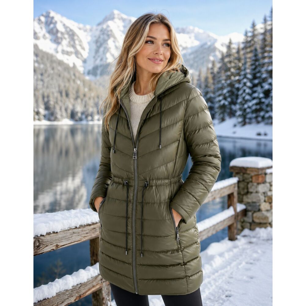 DKNY Women's Loden Green Puffer Coat Hooded Mid Length Jacket Size S Drawstring